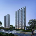 Modern High Rise Residential Buildings With Surrounding Greenery Trees And Water Feature