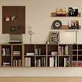Wooden Bookcase With Multiple Shelves Displaying Vinyl Record Photos Picture Frames Table Lamp And Vase