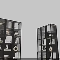Modern Bookcases with Metal Frames Glass Doors and Shelves Holding Books Vases and Decorative Items