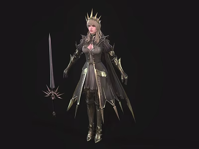 Fantasy Warrior Queen In Spiked Crown With Ornate Sword And Armor 3d model