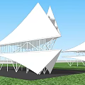 Modern White Museum Building With Triangular Roofs Metal Frame And Green Grass 3d model