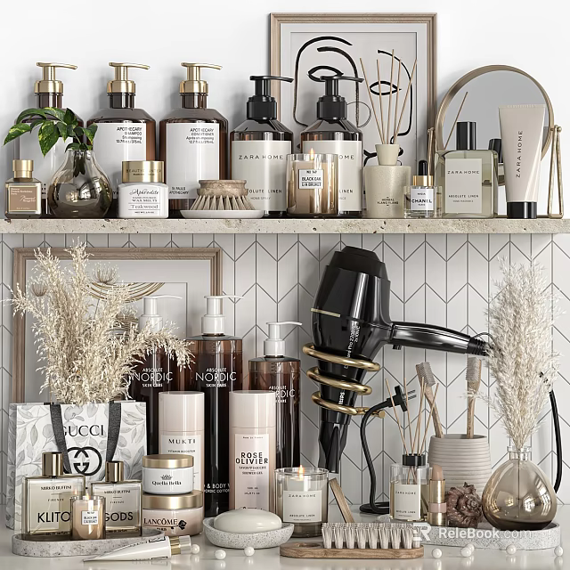 Stylish Bathroom Accessories Organized On Shelves With Decor And Hairdryer 3d model 