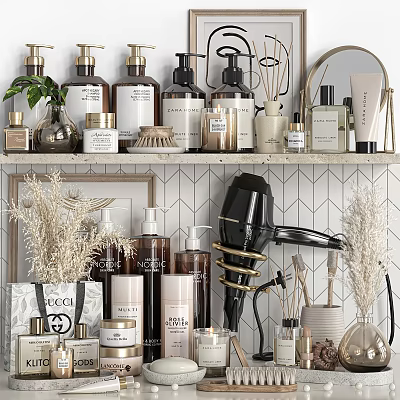 Stylish Bathroom Accessories Organized On Shelves With Decor And Hairdryer 3d model