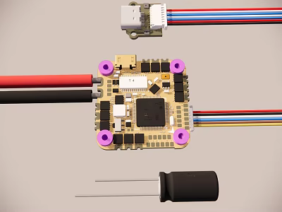 Electronic Circuit Board with Purple Mounting Holes Various Colored Wires Connector and Black Probe 3d model