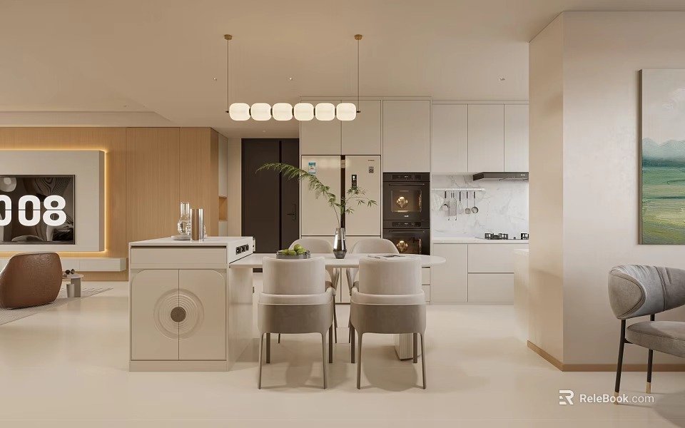 Modern Living and Dining Room Interior With Dining Table Chairs and Pendant Lights 3d model 