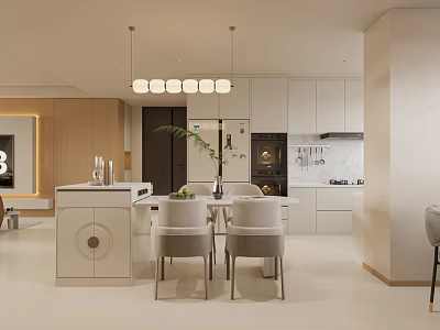 Modern Living and Dining Room Interior With Dining Table Chairs and Pendant Lights 3d model