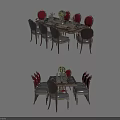 Stylish Dining Table Set With Red Back Chairs And Decorative Table Centerpiece 3d model