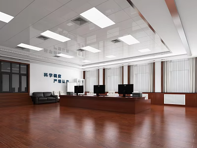 Modern Monitoring Room Interior Design With Multiple Monitors Control Desk And Wooden Floor 3d model