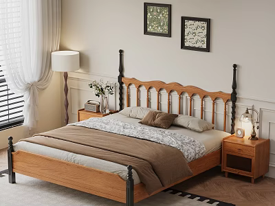 Cozy Wooden Double Bed with Black Metal Headboard Brown Comforter Nightstands Lamps and Wall Art 3d model
