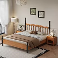 Cozy Wooden Double Bed with Black Metal Headboard Brown Comforter Nightstands Lamps and Wall Art