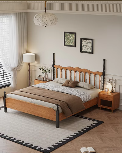 Cozy Wooden Double Bed with Black Metal Headboard Brown Comforter Nightstands Lamps and Wall Art 3d model