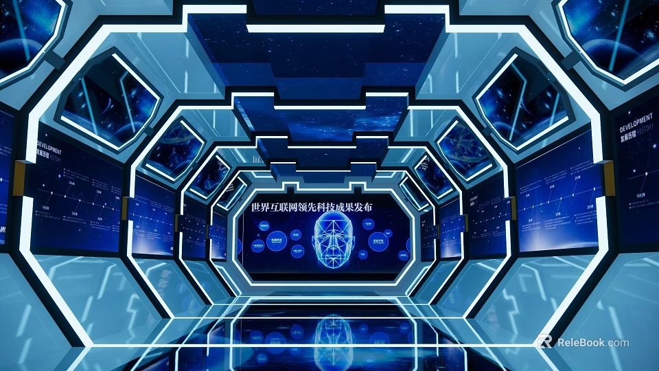 Hi tech Exhibition Hall Interior Featuring Smart Blue Hexagonal Screens Facial Recognition Data Interface 3d model 