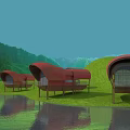 Scenic Waterfront Huts With Red Roofs Green Hills Lush Grass And Calm Water