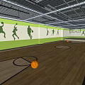 Indoor Basketball Court Interior With Green Walls Featuring Basketball Player Silhouettes Wooden Floor And Basketballs