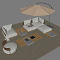Outdoor Sofa Set With Parasol Coffee Table And Cushions On Wooden Deck