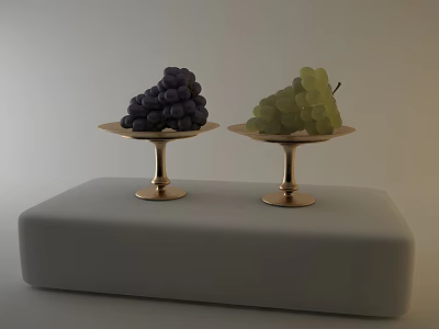 Fresh Purple and Green Grapes on Gold Pedestal Trays on Light Gray Rectangular Base 3d model