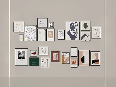 Stylish Photo Wall With Various Frames And Different Artworks On Neutral Wall 3d model