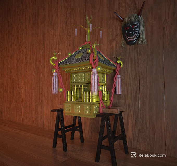 Golden Pagoda Decorative Ornament Set With Red Knots Tassels And Hanging Mask On Wooden Wall 3d model 