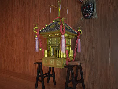 Golden Pagoda Decorative Ornament Set With Red Knots Tassels And Hanging Mask On Wooden Wall 3d model