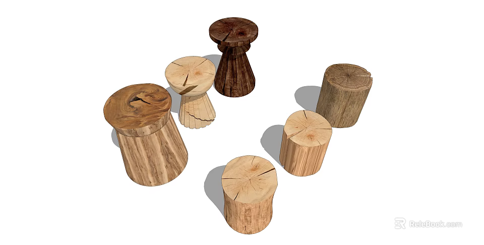 Natural Wooden Stump Shaped Stools With Rustic Design And Handcrafted Texture 3d model