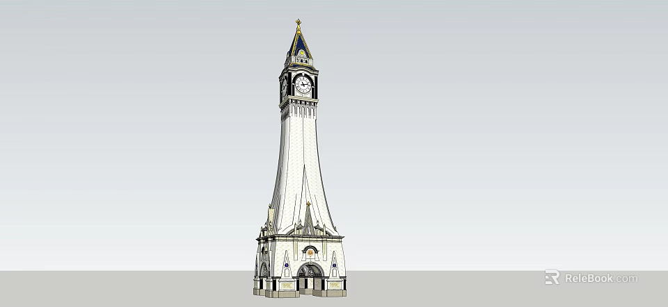 European Style Clock Tower With Spire Golden Decoration And Arched Door Design 3d model 