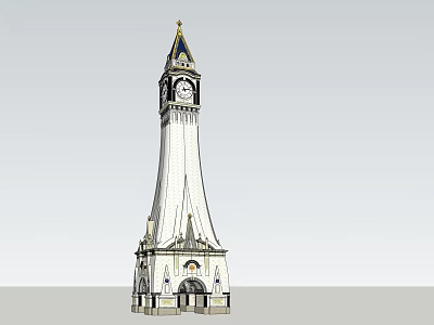 European Style Clock Tower With Spire Golden Decoration And Arched Door Design 3d model
