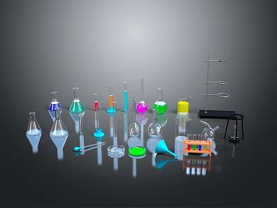 Colorful Glass Kitchen Utensils Display With Measuring Cups Funnels And Containers 3d model