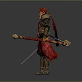 Mythical Game Movie Character With Red Hair Ornate Armor Hammer And Sword Red Cape