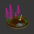 Dinosaur Standing On Circular Platform With Tall Trees Small Pond Green Plants And Red Rock