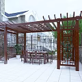 Outdoor Garden Pavilion with Wooden Lattice Structure Table Chairs Stone Wall and White Tile Floor