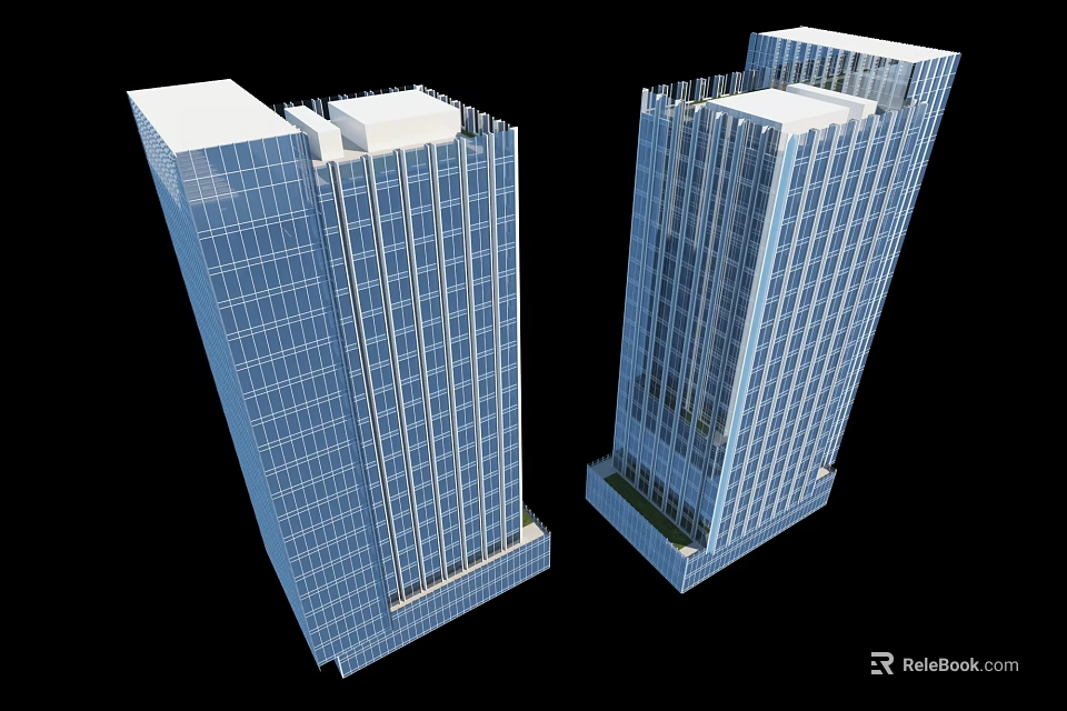 Twin Modern High Rise Office Buildings With Glass Curtain Walls And White Rooftops 3d model 