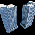 Twin Modern High Rise Office Buildings With Glass Curtain Walls And White Rooftops