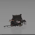 Medieval Building With Dragon Decoration Spiked Tile Roof Featuring Wooden Barrels Tools And Burning Brazier