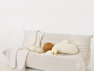 Single Beige Pleated Design Sofa with Blanket and Stuffed Toys Cozy Living Room 3d model