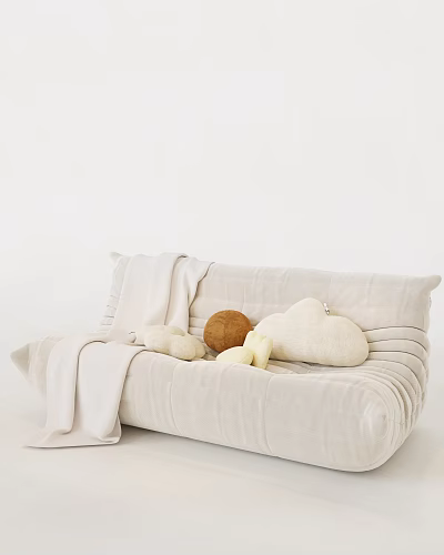 Single Beige Pleated Design Sofa with Blanket and Stuffed Toys Cozy Living Room 3d model