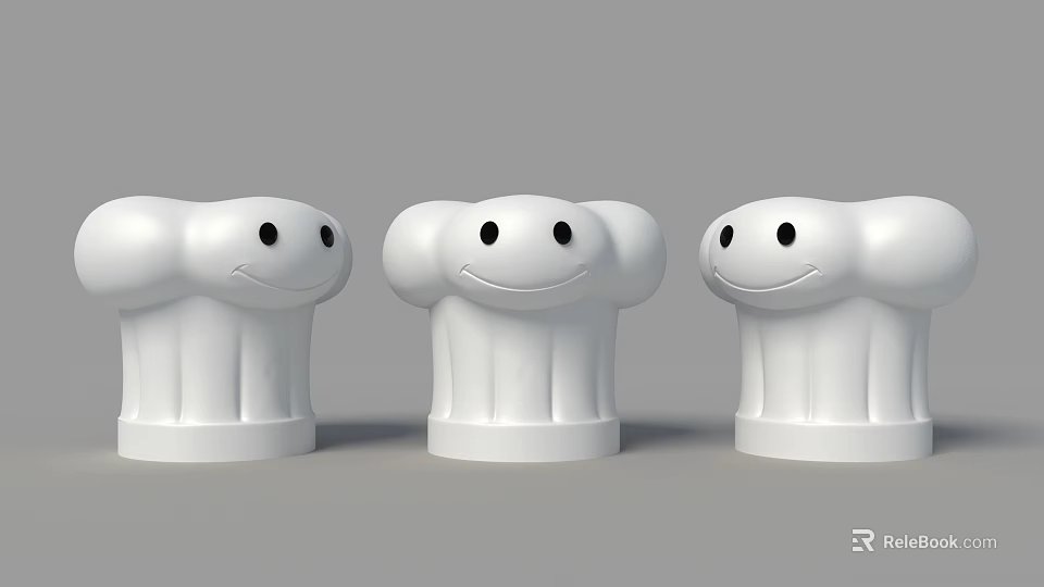 Three White Cloud Shaped Chef Hats With Smiley Faces On Gray Background 3d model 