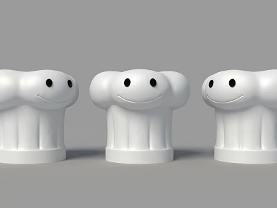 Three White Cloud Shaped Chef Hats With Smiley Faces On Gray Background 3d model