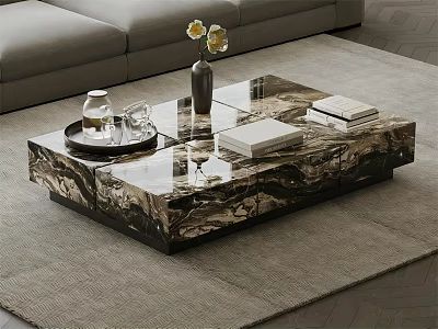 Elegant Marble Coffee Table With Vase Flowers Tray Glass Cups And Books 3d model