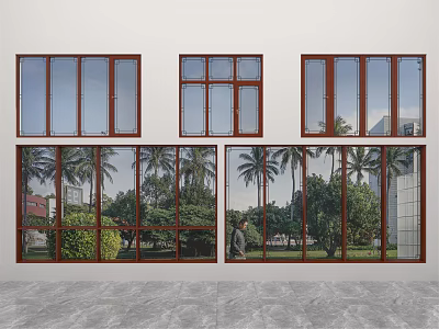 Modern Floor to Ceiling Windows With Red Frames Overlooking Lush Palm Trees And Park 3d model