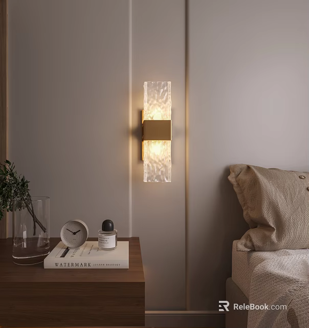 Crystal Wall Lamp in Modern Interior with Wall Mounted Design Bedside Table and Green Plant 3d model 