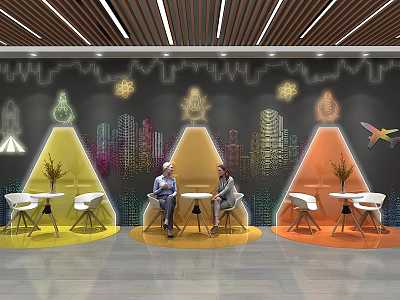 Modern Interior Design With Colorful Table And Chair Sets Neon Decorations And City Silhouettes 3d model