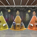 Modern Interior Design With Colorful Table And Chair Sets Neon Decorations And City Silhouettes