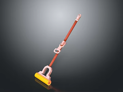 Household Cleaning Mop with Red Handle Pink Connector and Yellow Head for Home Floor Cleaning 3d model