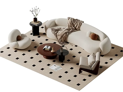 Modern White Curved Sofa and Coffee Table Set With Throw Blanket Accent Chair and Rug 3d model