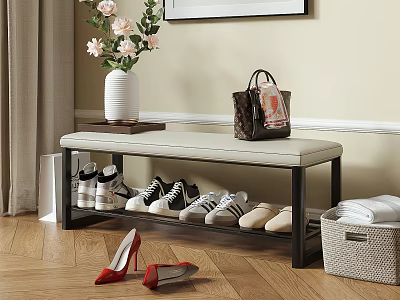 Cushioned Entryway Shoe Bench With Shoes Handbag Vase And Storage Basket 3d model