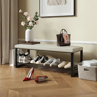 Modern Cream Style Shoe Changing Stool Bench Shoe Rack Stool Shoes Cloth Shoes High Heels Women's Satchel Bag Vase Floral Shoes and Hats Jewelry Ornaments 3d model