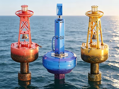 Three Colorful Navigation Buoys Red Blue Yellow Floating On Ocean Surface 3d model