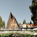 Triangular Roof Detached Villa With Large Glass Windows And Wooden Elements Surrounded By Trees 3d model