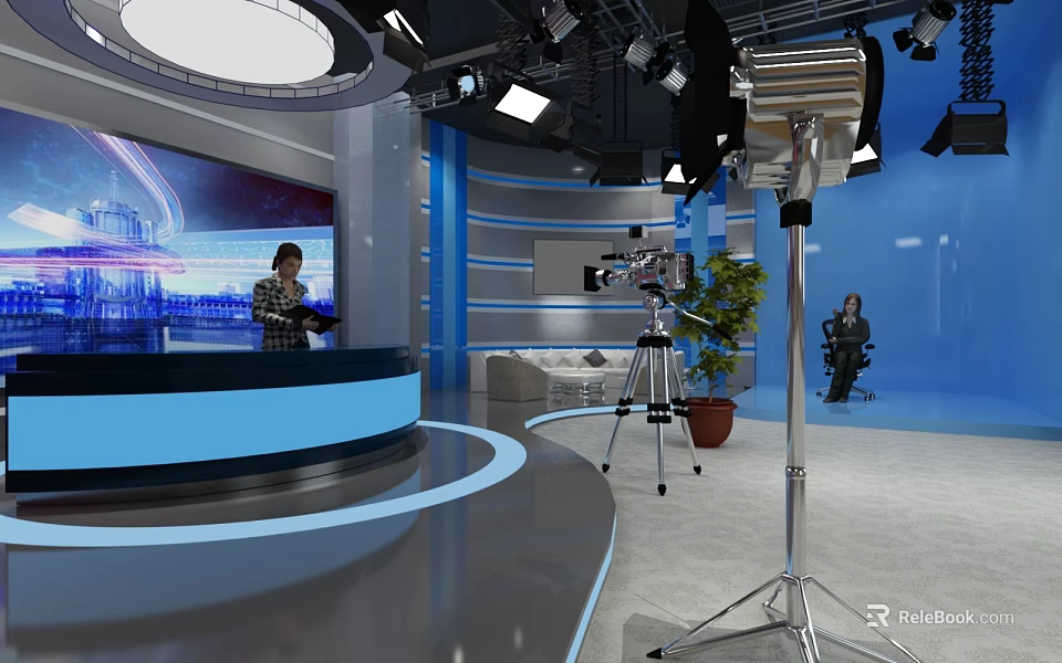 Professional News Studio Interior With Anchor Desk Camera Lighting And Background Screen 3d model 