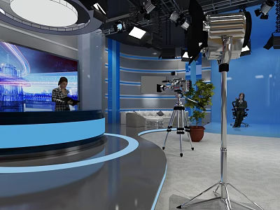 Professional News Studio Interior With Anchor Desk Camera Lighting And Background Screen 3d model